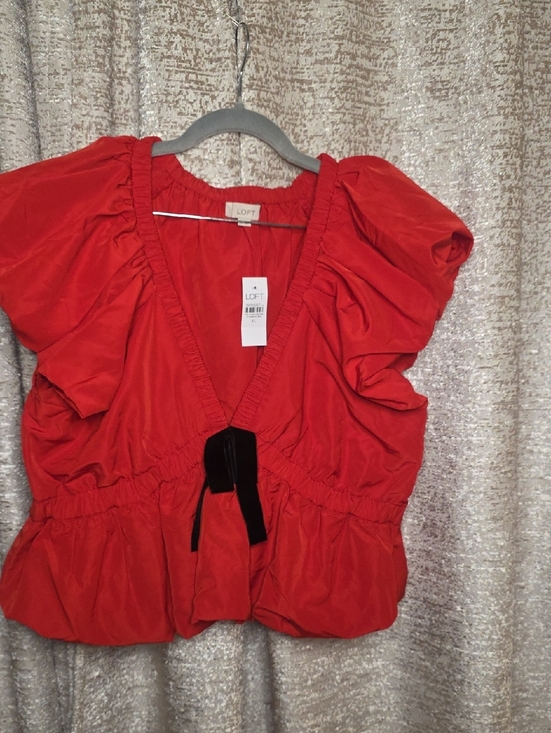 LOFT Tops - LOFT Red Puff-Sleeve V-Neck Top with Black Velvet Tie